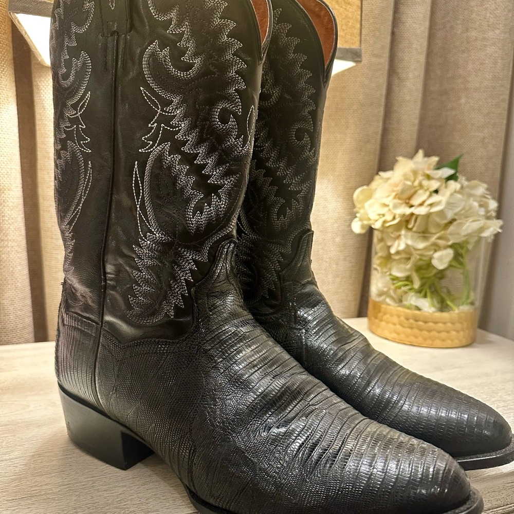 Dan Post Black Leather Cowboy Boots with Decorative Stitching